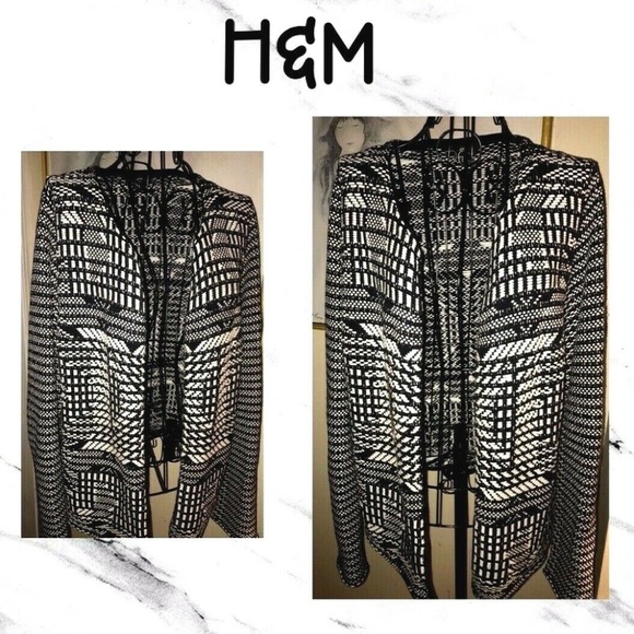 H&M BLACK AND WHITE WOVEN OPEN FRONT CARDIGAN~100% COTTON KNIT~MEDIUM - Picture 3 of 4